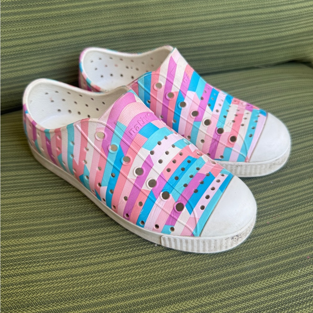 Native Pink and Blue Slip-On Sneakers with Stripes